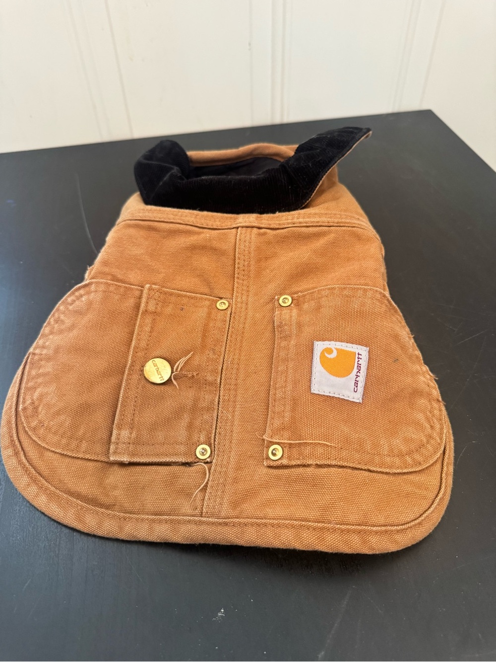 Carhartt Tan Brown Insulated Denim Dog Jacket Black Collar Medium